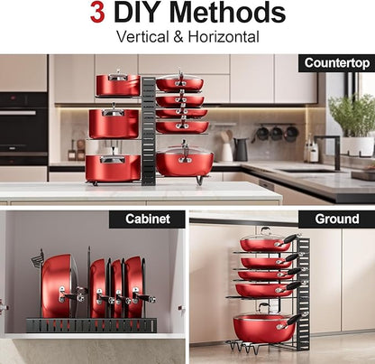 MUDEELA Pots and Pans Organizer Rack under Cabinet, 8-Tier Kitchen Organizers and Storage Pot Racks, Adjustable Pot Organizers inside Cabinet with 3 DIY Methods