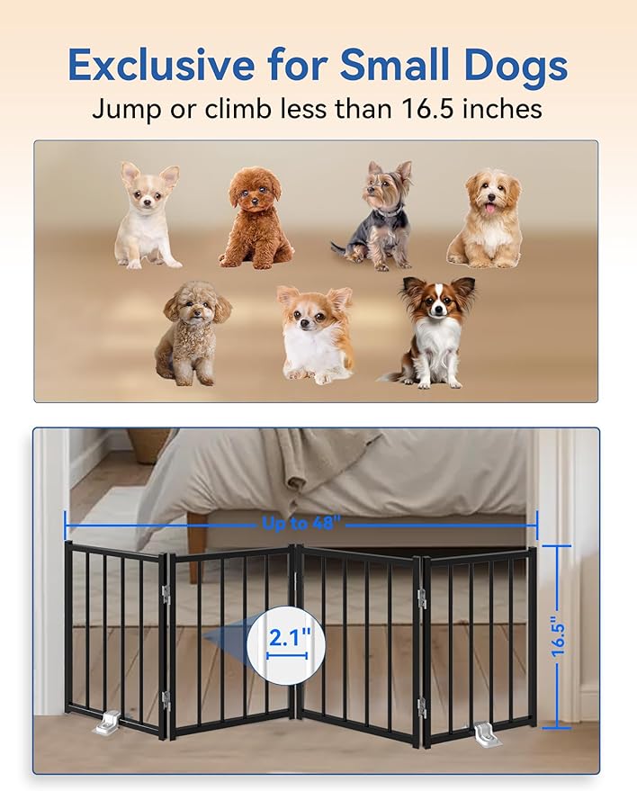 Free Standing Foldable Dog Gate, 16.5" High Step-Over Metal Short Pet Gate, Up to 48" Wide Puppy Fence for Stairs and Doorways, Indoor & Outdoor Use, No Drilling and No Assembly, Black