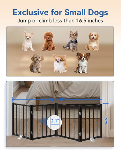 Free Standing Foldable Dog Gate, 16.5" High Step-Over Metal Short Pet Gate, Up to 48" Wide Puppy Fence for Stairs and Doorways, Indoor & Outdoor Use, No Drilling and No Assembly, Black