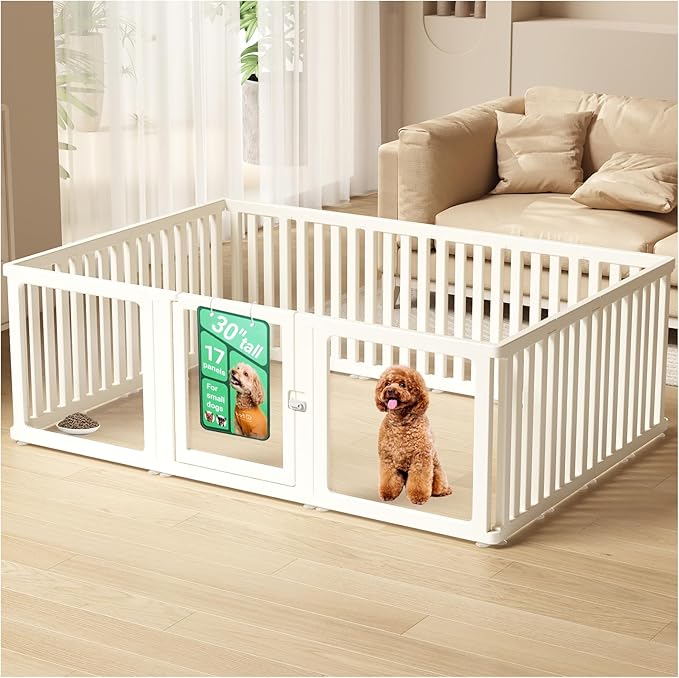 Transparent 17-Panel Dog Playpen, Acrylic Indoor/Outdoor Puppy Pen for Small & Medium Dogs, 30 Inch with Door, White(Ventilated Design 74 * 50 Single Room,30 inch)