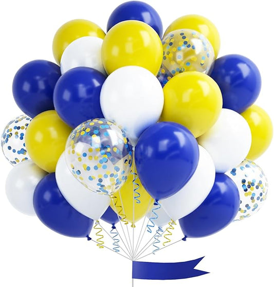 Yellow Blue Balloons, 60pcs 12 Inch Blue Yellow White Balloons, Dark Blue Gold Confetti Latex Balloon Helium for Graduation Birthday Wedding Baby Shower Party Decoration