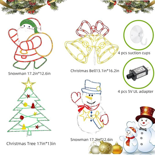 Christmas Decorations - 16" Christmas Window Silhouette Lights - 4 Pack Colour Lighted Christmas Tree ＆ Snowman ＆ Santa ＆Bell for Holiday Indoor and Outdoor Wall Door Window Decorate