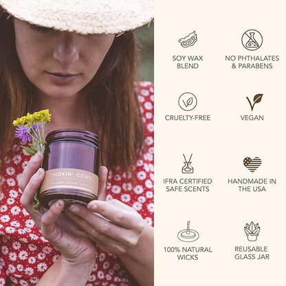 Bia Candle Co Soy Blend Candle, Woody Tuscan Leather, Sandalwood & Cedar with Iris – Long-Lasting Clean Burn, Lead-Free Wick – Brown Glass Jar, Gold Lid – Smokin’ Cowboy Scent, 7 oz