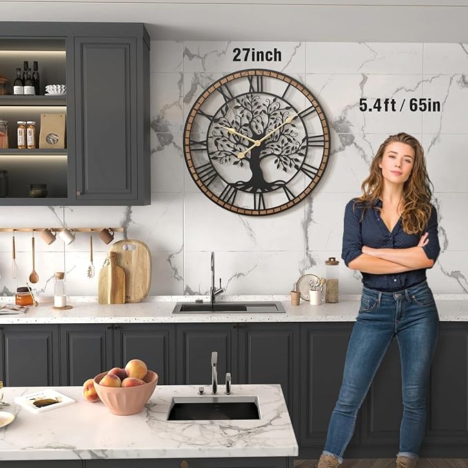 Micasso Non-Ticking Large Wall Clock: 27Inch Tree of Life Metal Black with Solid Wood Frame - Battery Operated Silent Clock for Living Room/Office/Bedroom/Kitchen - Home Decor for Porfessional