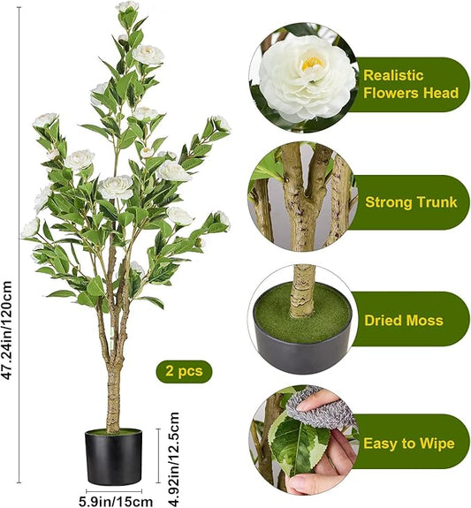 4Ft Artificial Camellia Tree 2pack, White Silk Flowers Faux Plant for Indoor Outdoor Home Decor, Realistic Potted Greenery for Office Porch Living Room