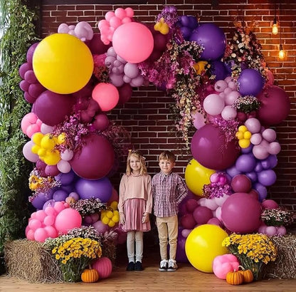 Pink Yellow Balloon Arch - Double Stuffed Hot Pink Purple Balloons Different Size Latex Magenta Balloon Garland for Happy Birthday Baby Shower Wedding Fall Mexican Party Decorations