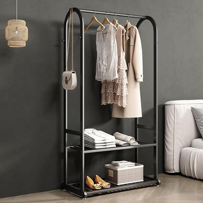 Heavy duty clothes rack,Metal Clothing rack for hanging clothes,garment rack with bottom shelves and 6 side hooks for bedroom cloakroom(black, L:39.4)