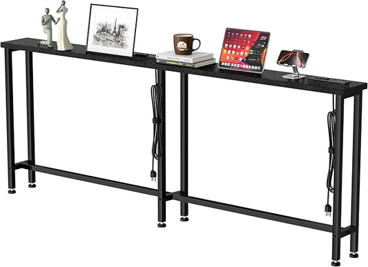 GRLEAF 102" Sofa Table with Built-in Power Strip (4 AC Outlets & 4 USB Ports) – 4.9ft Power Cord, Metal Frame, Easy Assembly, Long Couch Table Behind Sofa, Living Room and Home Office | Black
