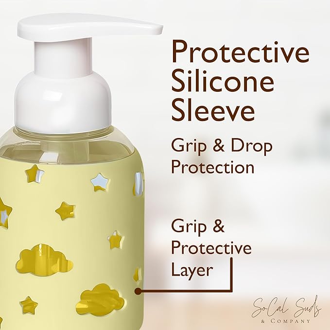 SoCal Suds & Company Glass Foaming Hand Soap Dispenser, Soft Grip Silicone Sleeve, Refillable Pump Bottle for Kids, Baby Wash & Shampoo, Ideal for Home Use, Light Yellow 8oz