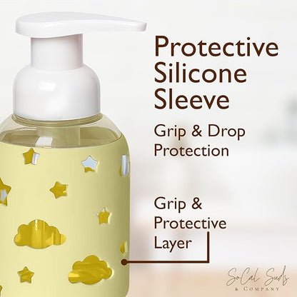 SoCal Suds & Company Glass Foaming Hand Soap Dispenser, Soft Grip Silicone Sleeve, Refillable Pump Bottle for Kids, Baby Wash & Shampoo, Ideal for Home Use, Light Yellow 8oz