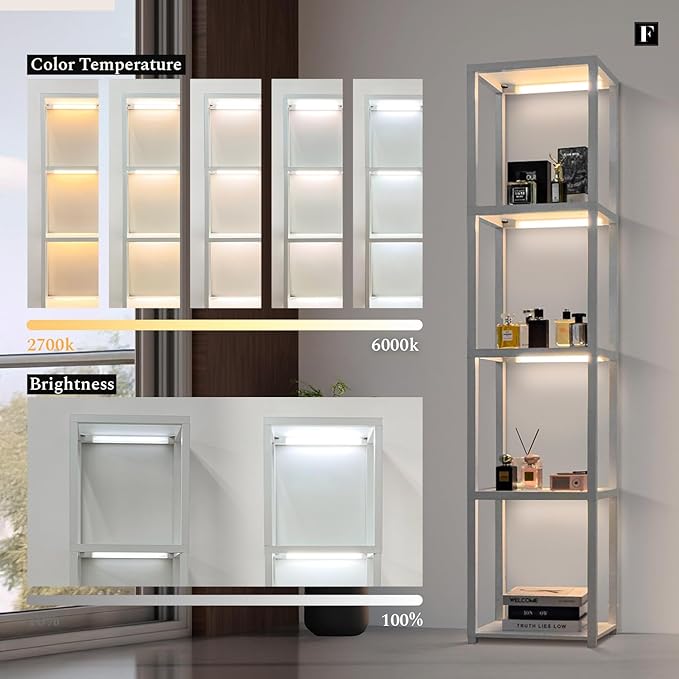 FENLO LED Display Shelf Unit – Dimmable Lighted Furniture for Bedroom, Living Room, or Office – Glass Curio Cabinet Shelf Lamp with App + Remote Control + Adjustable Lighting