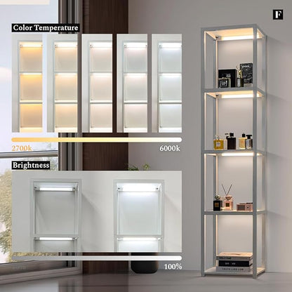 FENLO LED Display Shelf Unit – Dimmable Lighted Furniture for Bedroom, Living Room, or Office – Glass Curio Cabinet Shelf Lamp with App + Remote Control + Adjustable Lighting