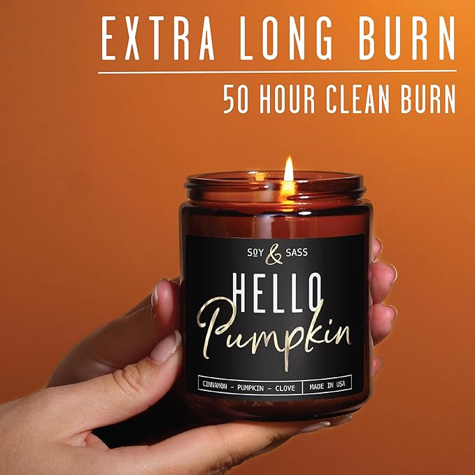 Pumpkin Spice Candle, Fall Candles - 'Hello Pumpkin' Pumpkin Candle I Infused w/Essential Oils I Autumn Scented Soy Candles for Home I Fall Home Décor I 9oz Reusable Jar, 50Hr Burn, Made in USA