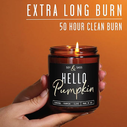 Pumpkin Spice Candle, Fall Candles - 'Hello Pumpkin' Pumpkin Candle I Infused w/Essential Oils I Autumn Scented Soy Candles for Home I Fall Home Décor I 9oz Reusable Jar, 50Hr Burn, Made in USA