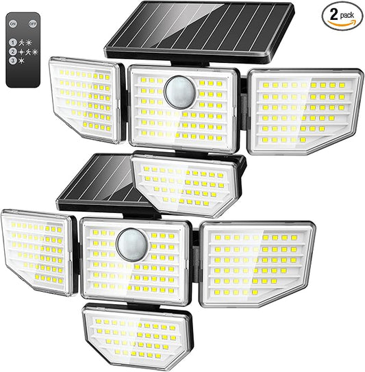 3000LM Solar Outdoor Lights - 2Packs 188 LED Security Lights with Remote Control, 4 Heads Motion Sensor Lights, IP65 Waterproof 270° Wide Angle Flood Wall Lights for Home Darkroom Backyard