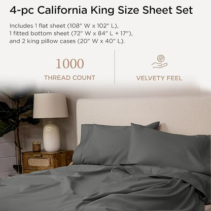 Threadmill Supima Cotton Luxury Sheets, California King, 1000 Thread Count Sateen Weave, 4 Pc Set, Dark Grey with Elasticized Deep Pocket