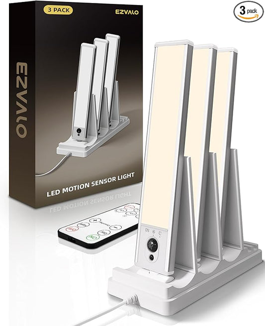 EZVALO Under Cabinet Lighting with Charging Station, Rechargeable Motion Sensor Light Indoor, Dimmable Closet Lights Wireless, 3500K, Motion Activated Under Counter Lights for Kitchen,Pantry(3 Pcs)