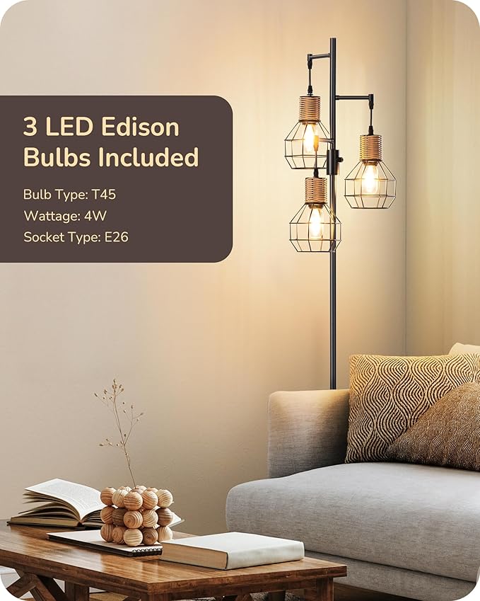 EDISHINE Dimmable Farmhouse Floor Lamp for Living Room, Industrial Black Standing Lamp with 3 LED Edison Bulbs, Corner Rustic Rattan Tall Tree Reading Lamps Home Decor for Bedroom, Office