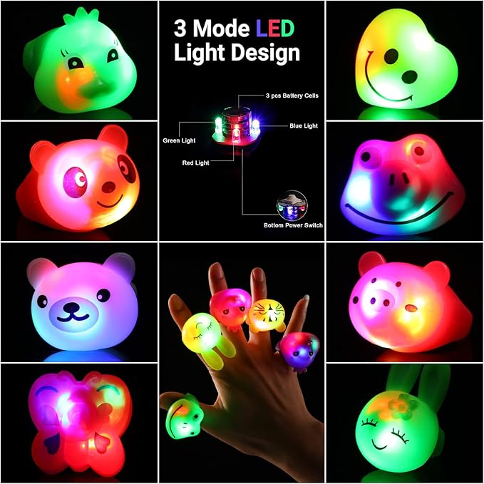 36 Pack Light Up Rings Glow in The Dark Party Supplies, Light up Party Favors, Goodie Bag Stuffers, Birthday Valentines Party Favors Classroom Prizes Cute Animal Treasure Box for Kids