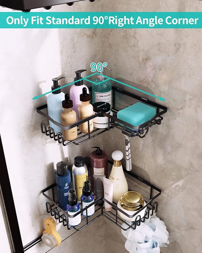 HapiRm Corner Shower Caddy with Shampoo Holder, 2-Pack Shower Organizer Shower Storage Shelf with 11 Hooks, No Drilling Rust Proof Stainless Steel Corner Shower Shelf with 6 Pack Adhesives (Black)