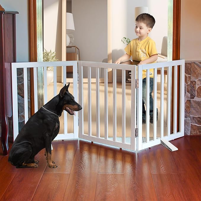 Dog Gate Indoor, Freestanding Dog Fence for The House, Doorways, Hallways,or Stairs,Pet Gate Foldable Wooden,Expandable 24" Height 3 Panels,White