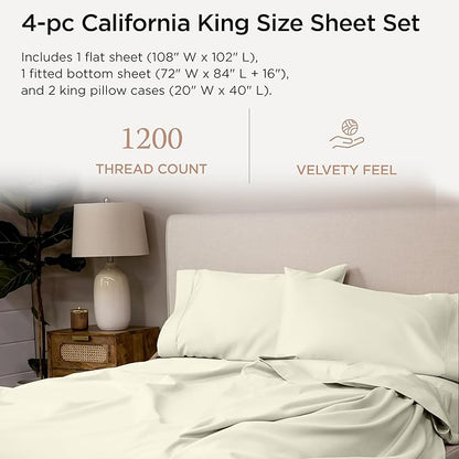 Threadmill 100% Supima Cotton Sheets, 1200 Thread Count Cotton for Cal King Size Bed, 4 Pc Ivory Cal King Bed Sheets Set, 5-Star Hotel Quality with Elasticized Deep Pocket King Sheets