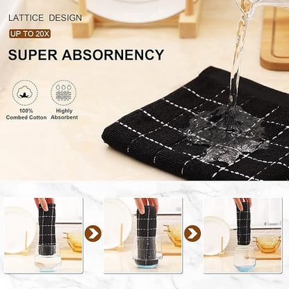 Mordimy 100% Cotton Terry Cloth Kitchen Towels, Super Soft and Absorbent Dish Towels for Drying, Checkered Designed Hand Towels for Kitchen, 16 x 26 Inches, 6 Pack, Black
