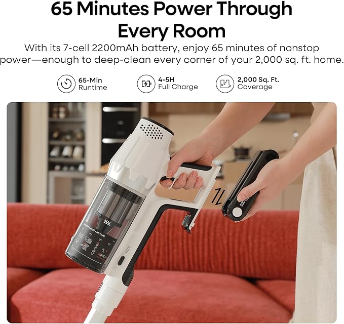 ElecKeys Cordless Vacuum Cleaner, 580W 48KPA 65Mins Vacuum Cleaners for Home, Self-Standing Anti-Tangle Vacuum with LED Display, Rechargeable, Lightweight, Cordless Vacuum for Floors/Pet Hair, Grey