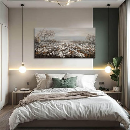 GAIDUOMAI Farmhouse Decor Tree and Ocean Wall Art White Flowers Vintage Artwork 24"x48" Grey Pictures Wall Decor for Dining Room Bedroom Office
