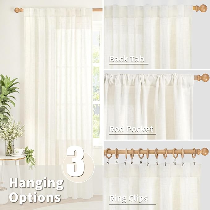 YoungsTex Ivory Linen Curtains 48 Inch Length for Kitchen, Light Filtering Semi Sheer Short Window Drapes Rod Pocket Back Tab Curtain for Cafe Living Room, 2 Panels, 42 X 48 Inch
