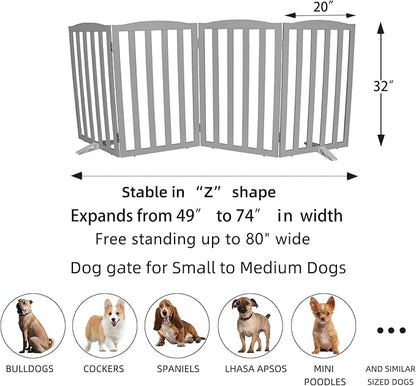 ZJSF Foldable Freestanding Indoor Dog Gate for House Wood Long Pet Gates Dog Fence for Stairs Puppy Gates for Hallways, Puppy Gate,Support Feet Included, Grey, 32 "Height-4 Panels