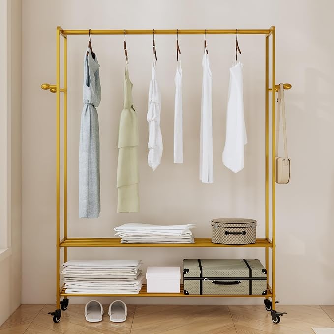 Heavy Duty Clothes Rack, 47.2" Wide Metal Garment Rack,Standing Rolling Clothing Rack for Hanging Clothes with Sturdy Wheels & Shelves,Wardrobe Rack for Coats, Shirts, Dress