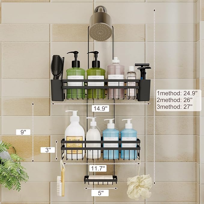 Shower Caddy Hanging for Bathroom Organizers and Storage, Adjustable Anti-Swing Shower Organizer for Wall-Mounted Showerhead with Heavy-Duty Suction Cups, Damage-Free Rustproof (Black)