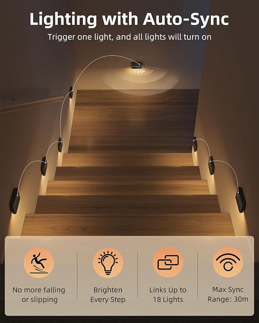 EZVALO 3 Pack Motion Sensor Night Lights, Sync LED Stair Lights Indoor, 1500mAh Rechargeable, Magnetic & Dimmable, 3000K Soft White, Portable Nightlight for Hallway, Stairs, Bathroom, Bedroom (Black)