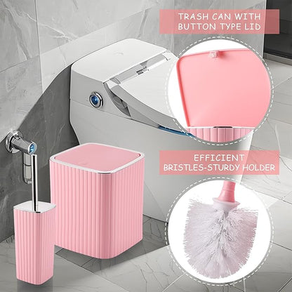 Bathroom Set with Shower Curtain and Rugs- 25PC Pink Bathroom Accessories, Shower Curtain Set, Toilet Brush, Trash Can, Qtip Holder Dispenser & Soap Dispenser