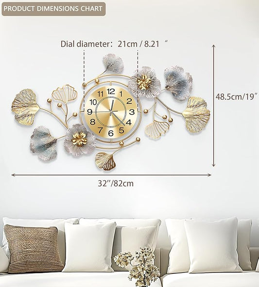 Clocks for Living Room, Large Wall Clock, 3D Silent Wall Clock, Retro Metal Ginkgo Leaf Design, for Bedroom Kitchen Decorative Wall Clocks（32''x18'' ）