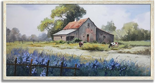 Ardemy Farmhouse Canvas Wall Art Large Framed Vintage Farm Cow Pictures Wall Decor Living Room Village Nature Painting Artwork Wall Art Bedroom Dining Room Home Office, 58"x29"