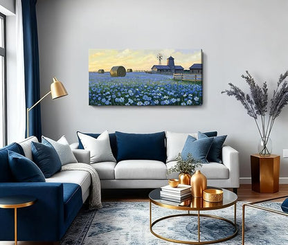 ARTZON Large Wall Art Farmhouse Sunset Flower Art work Rustic Farm Daisy Wildflower Barn Canvas Print Landscape Blue Yellow Picture Nature Floral Artwork for Living Room Bedroom Office Decor 48"x24"