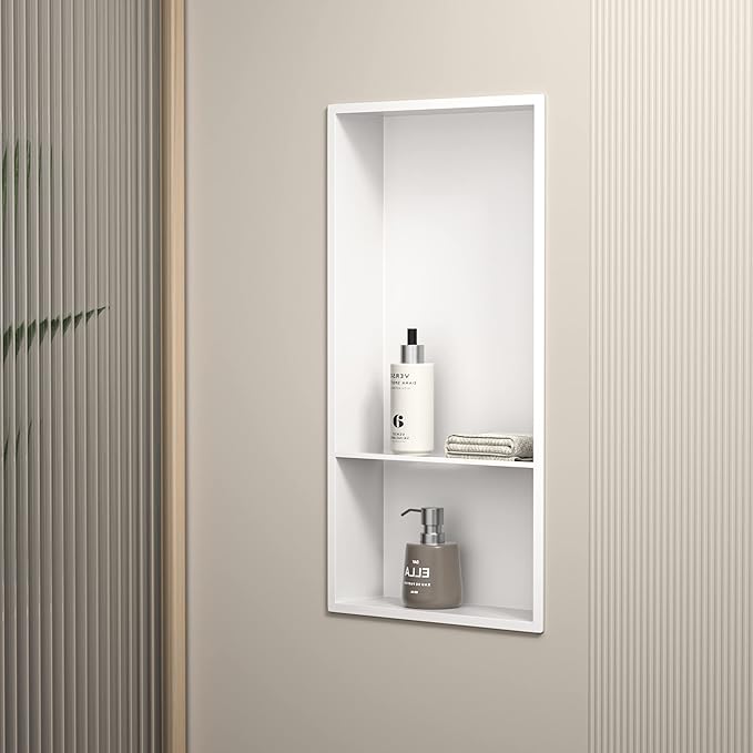 Stainless Steel Shower Niche White 24" X 12" No Tile Needed Wall Niche Double Shelves Recessed Shower Shelf for Bathroom