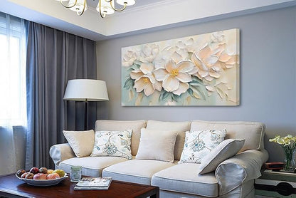 Anolyfi White Textured Flowers Large Canvas Wall Art for Living Room, Modern Aesthetic Sage Florals Painting Wall Decor for Christmas Gift Hallway Bedroom Dining Room Office Home Decor 58"x29"