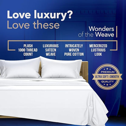 TEXAS LINEN CO. 100% Egyptian Cotton King White Sheet Set - 1000 Thread Count 6 Piece Cotton Sheets for King Size Bed (4 Pillowcases), Soft, Cooling Luxury Hotel Sheets - Fits Upto 18” Deep Pocket