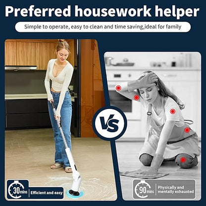 Electric Spin Scrubber - Cordless Cleaning Brush with Digital Display, 2 Speeds, 8 Brush Heads, IPX7 Waterproof, Adjustable Long Handle for Bathroom, Tub, Tile, Shower, and Car