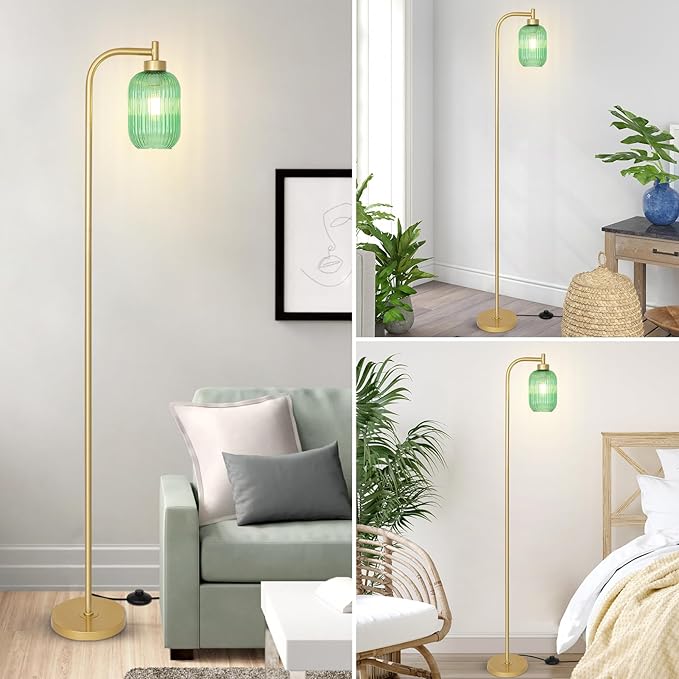 Glass Floor Lamp for Living Room, Modern Gold Standing Lamp with LED Bulb, Green Stripe Glass Shade, Foot Switch, Vintage Brass Tall Lamp, Minimalist Corner Pole Lamp for Bedroom Office