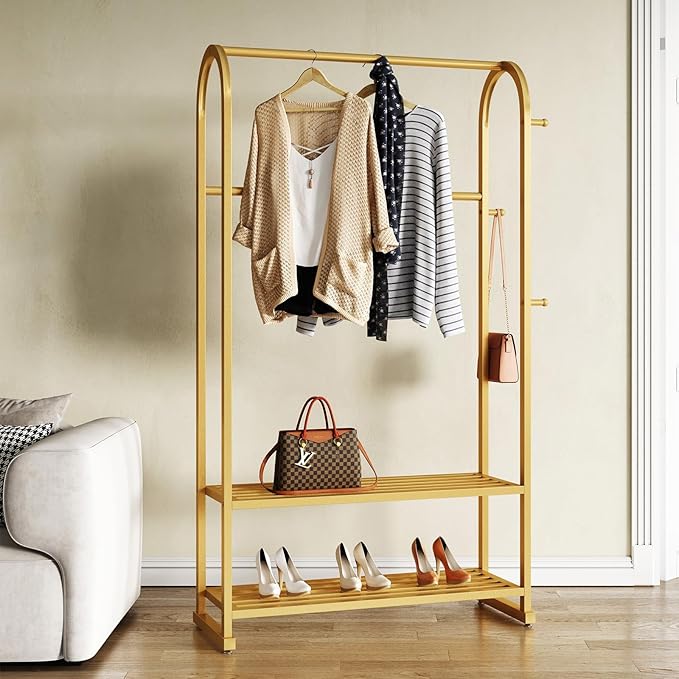 Gold clothing rack,Heavy duty clothes rack with shelves,Metal garment rack for hanging clothes,Wardrobe rack for Boutique, Retail or Home