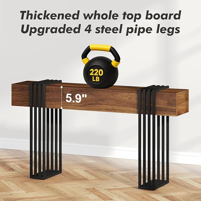 63 Inch Long Console Table, Extra Thick Industrial Sofa Table Behind The Couch Rectangular Entryway Table for Entrance Hallway Living Room, Entire top Board & 4-Pipe Legs, Rustic Brown