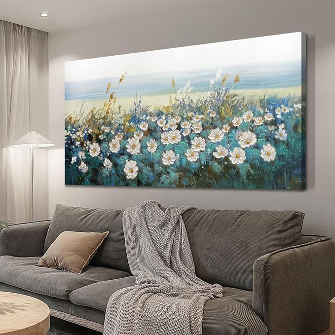 Arjun Flower Wall Art Bedroom Wall Decor Canvas White Daisy Floral Painting Landscape Picture Art Work for Living Room Wall Decor Textured Large Office Home Dining Room, 48"x24"