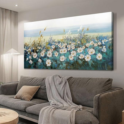 Arjun Flower Wall Art Bedroom Wall Decor Canvas White Daisy Floral Painting Landscape Picture Art Work for Living Room Wall Decor Textured Large Office Home Dining Room, 48"x24"