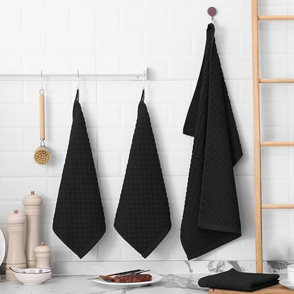 Fintale 100% Cotton Kitchen Towels and Dishcloths Set, 12 x 12 & 15 x 25 Inches, Set of 10 Bulk Super Soft and Absorbent Terry Cloth Dish Towels, Quick Drying Hand Towels with Hanging Loop, Black