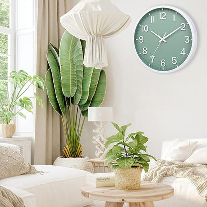 Wall Clocks Battery Operated 12 inch Modern Wall Clock,Silent Non Ticking Wall Clock for Living Room Bedroom Kitchen Office Classroom Decor (Green White)