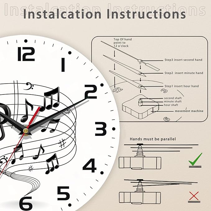 Music Notes Wall Clocks Wooden Wall Clock Art Hanging Clocks Silent Non-Ticking Wall Clock Battery Operated Round Home Arabic Numeral Decorative Wall Clocks 10 Inch